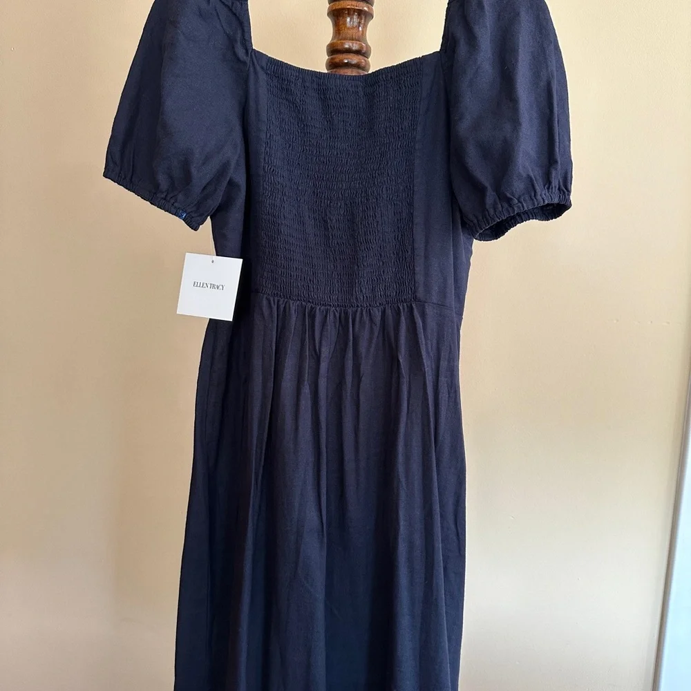 NWT Ellen Tracy Navy Blue Linen Dress Size M - Picture 2 of 6